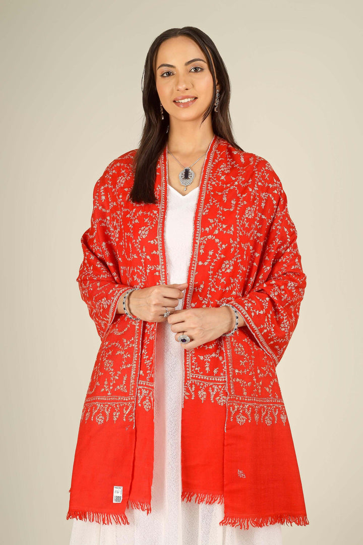 GI red Kashmiri pure pashmina embroidered stole by Kepra, draped on model in white dress, front view for Delhi winter styling
    
      | pashmina shawls online | authentic Kashmiri pashmina shawl online | pure pashmina shawl online | original GI certified pashmina shawl online | luxury men's pashmina shawl online from Kashmir | where to buy online pure pashmina in India
    
    | GI Tag Certified - Government-verified authentic Kashmiri Pashmina
    | G20 Official Partner - Selected by India for G20 Summit gifting
    | Handicraft Registered - Official recognition of traditional craftsmanship
    | Certificate of Authenticity - Every purchase includes GI certification