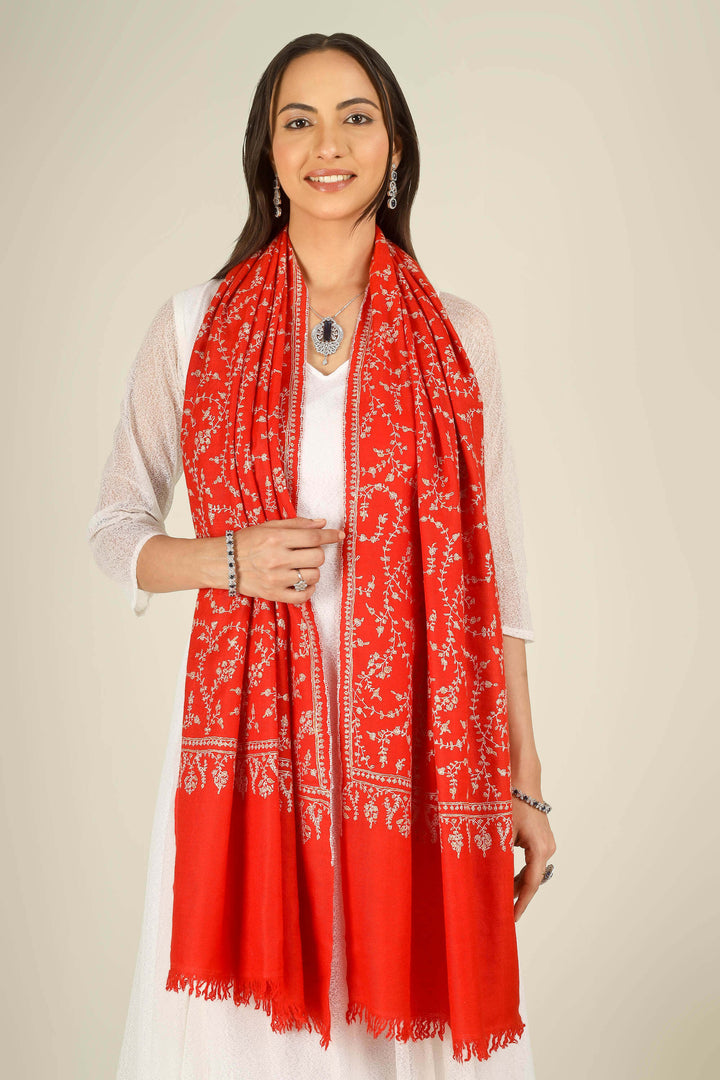 GI red Kashmiri pure pashmina embroidered stole by Kepra, draped on model in white dress, front view for Delhi winter styling
    
      | pashmina shawls online | authentic Kashmiri pashmina shawl online | pure pashmina shawl online | original GI certified pashmina shawl online | luxury men's pashmina shawl online from Kashmir | where to buy online pure pashmina in India
    
    | GI Tag Certified - Government-verified authentic Kashmiri Pashmina
    | G20 Official Partner - Selected by India for G20 Summit gifting
    | Handicraft Registered - Official recognition of traditional craftsmanship
    | Certificate of Authenticity - Every purchase includes GI certification
