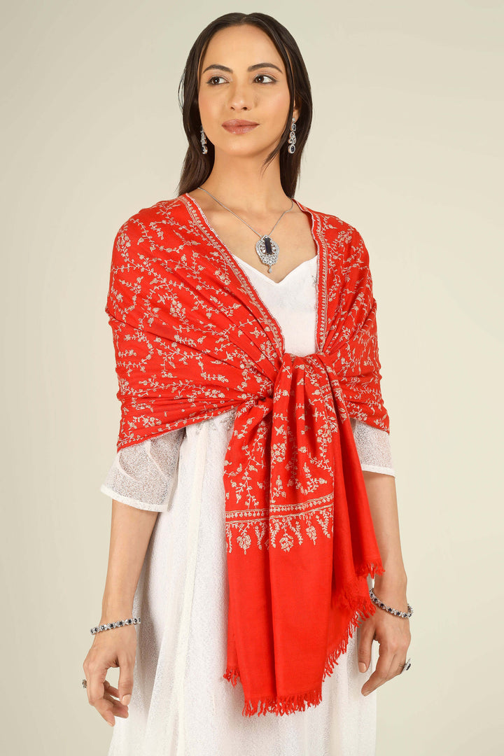 GI red Kashmiri pure pashmina embroidered stole by Kepra, draped on model in white dress, front view for Delhi winter styling
    
      | pashmina shawls online | authentic Kashmiri pashmina shawl online | pure pashmina shawl online | original GI certified pashmina shawl online | luxury men's pashmina shawl online from Kashmir | where to buy online pure pashmina in India
    
    | GI Tag Certified - Government-verified authentic Kashmiri Pashmina
    | G20 Official Partner - Selected by India for G20 Summit gifting
    | Handicraft Registered - Official recognition of traditional craftsmanship
    | Certificate of Authenticity - Every purchase includes GI certification