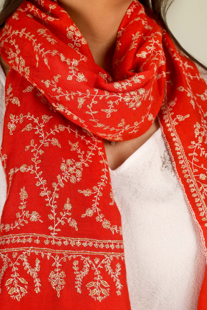 GI red Kashmiri pure pashmina embroidered stole by Kepra, draped on model in white dress, front view for Delhi winter styling
    
      | pashmina shawls online | authentic Kashmiri pashmina shawl online | pure pashmina shawl online | original GI certified pashmina shawl online | luxury men's pashmina shawl online from Kashmir | where to buy online pure pashmina in India
    
    | GI Tag Certified - Government-verified authentic Kashmiri Pashmina
    | G20 Official Partner - Selected by India for G20 Summit gifting
    | Handicraft Registered - Official recognition of traditional craftsmanship
    | Certificate of Authenticity - Every purchase includes GI certification