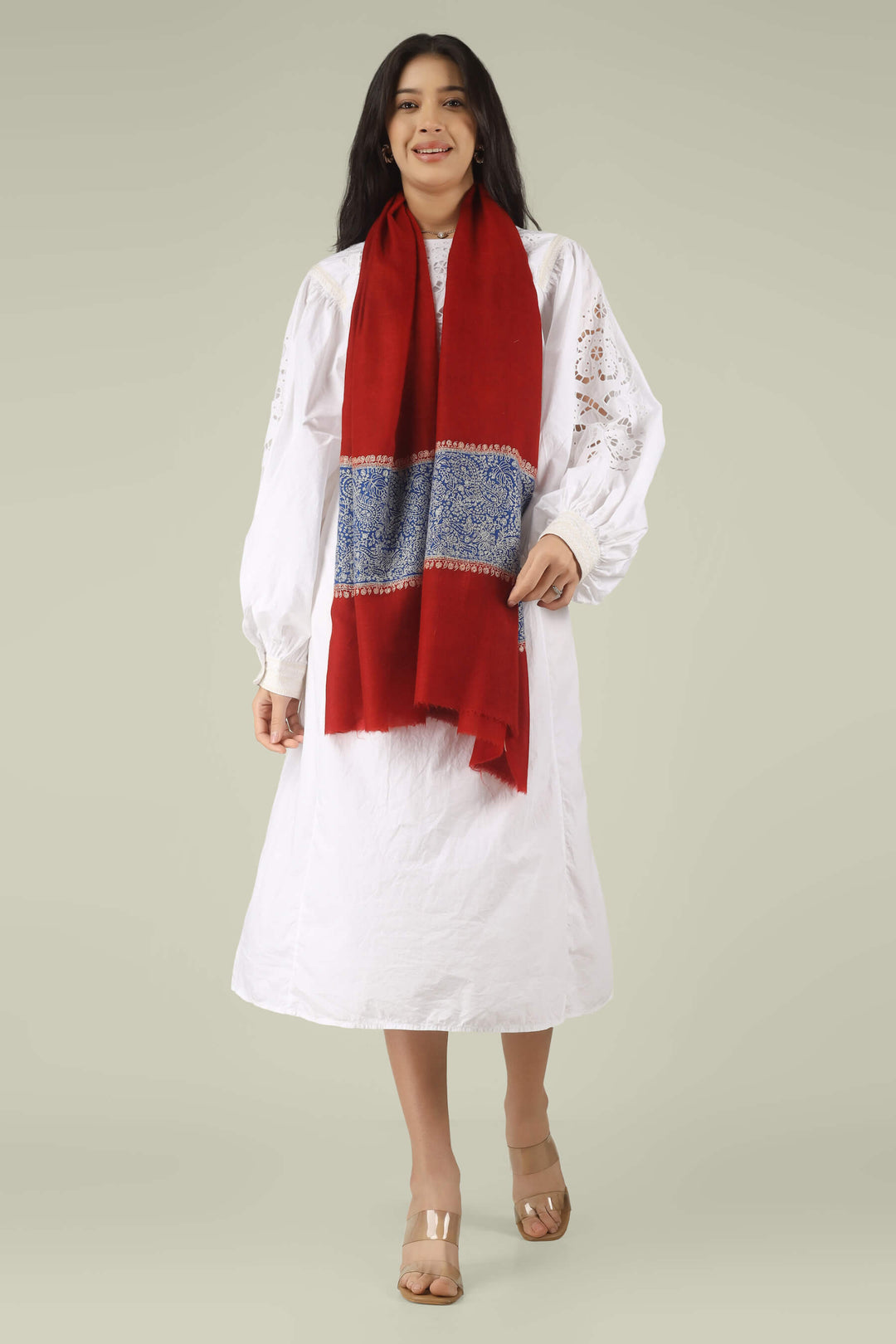 Hand-embroidered ruby red pure Pashmina stole with royal blue Paladaar panels and ivory Sozni needlework from Kepra.