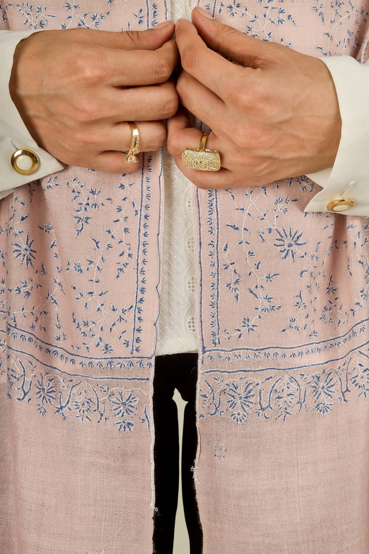 Pink Kashmiri pure pashmina embroidered stole by Kepra, draped on smiling model over white shirt and black trousers, front view
    
      | pashmina shawls online | authentic Kashmiri pashmina shawl online | pure pashmina shawl online | original GI certified pashmina shawl online | luxury men's pashmina shawl online from Kashmir | where to buy online pure pashmina in India
    
    | GI Tag Certified - Government-verified authentic Kashmiri Pashmina
    | G20 Official Partner - Selected by India for G20 Summit gifting
    | Handicraft Registered - Official recognition of traditional craftsmanship
    | Certificate of Authenticity - Every purchase includes GI certification