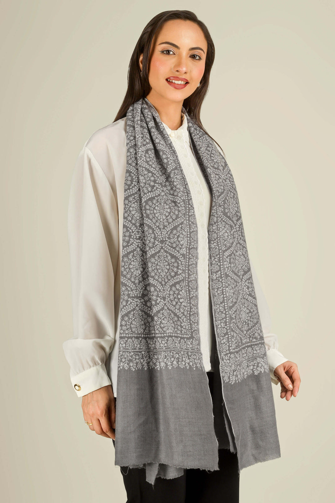 GI Grey Burcin Kashmiri Pure Pashmina Embroidered Stole