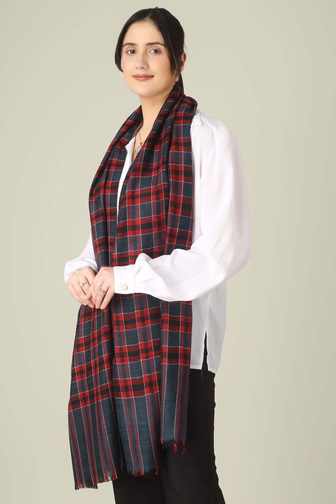 Red & Navy Check Ghazala Pure Pashmina Stole