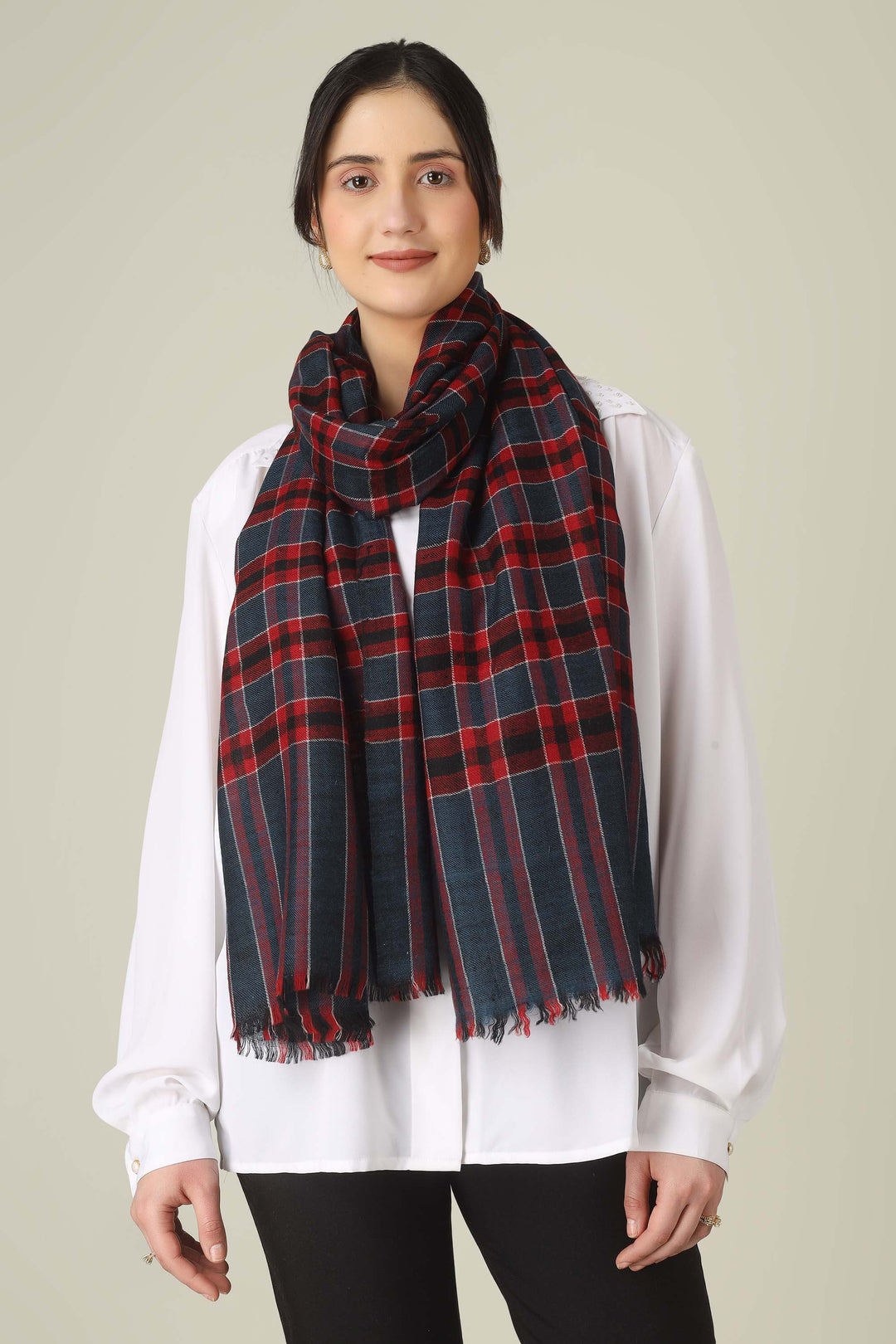 Red & Navy Check Ghazala Pure Pashmina Stole