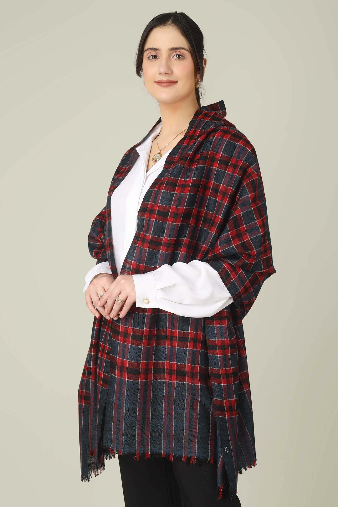 Red & Navy Check Ghazala Pure Pashmina Stole