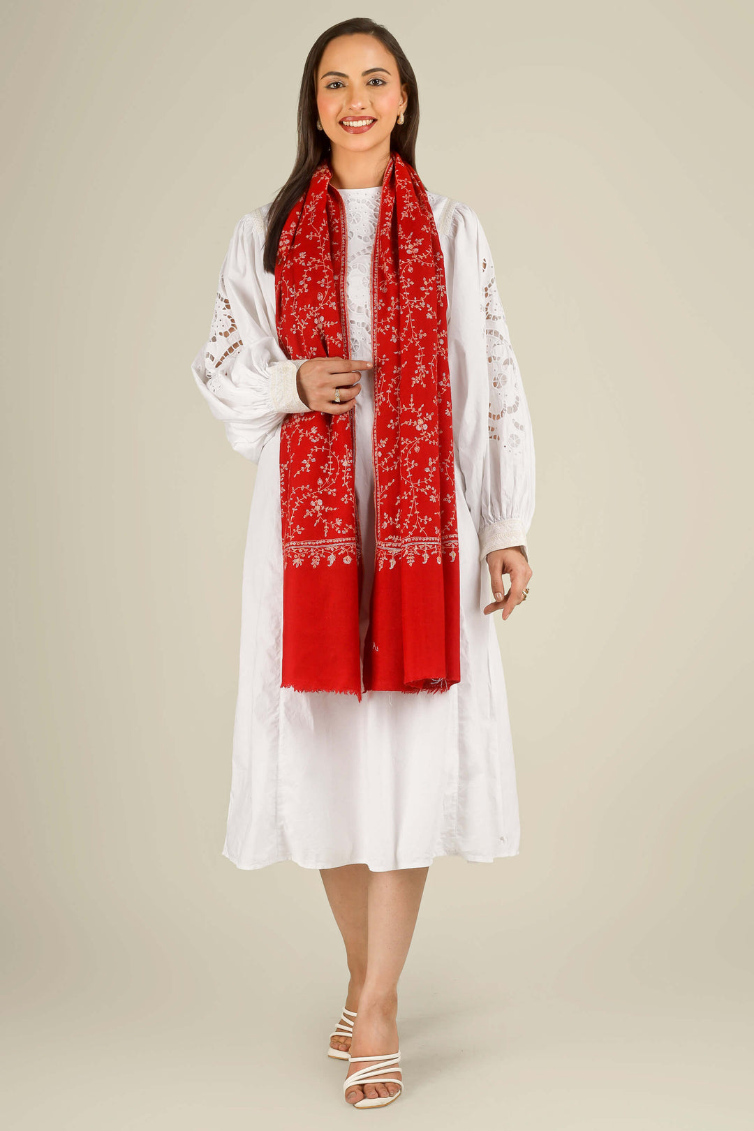GI red Kashmiri pure pashmina embroidered stole by Kepra, worn over white dress, front product image