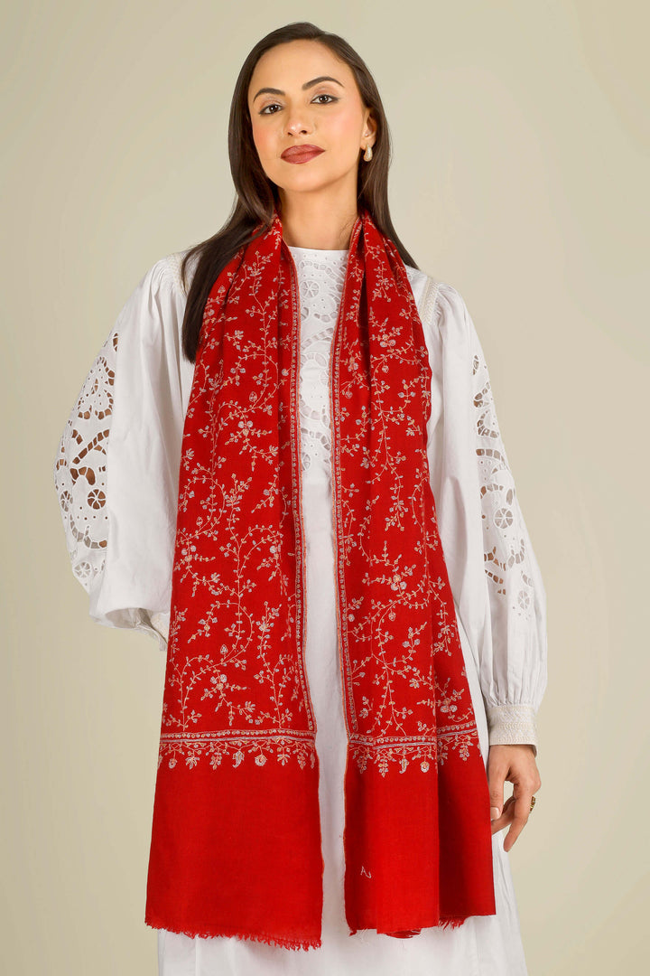 GI red Kashmiri pure pashmina embroidered stole by Kepra, worn over white dress, front product image
    
      | pashmina shawls online | authentic Kashmiri pashmina shawl online | pure pashmina shawl online | original GI certified pashmina shawl online | luxury men's pashmina shawl online from Kashmir | where to buy online pure pashmina in India
    
    | GI Tag Certified - Government-verified authentic Kashmiri Pashmina
    | G20 Official Partner - Selected by India for G20 Summit gifting
    | Handicraft Registered - Official recognition of traditional craftsmanship
    | Certificate of Authenticity - Every purchase includes GI certification