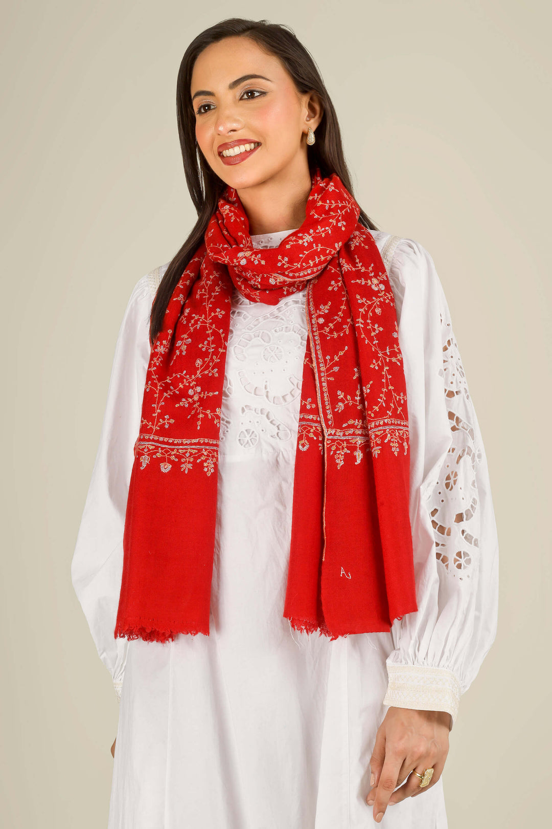 GI red Kashmiri pure pashmina embroidered stole by Kepra, worn over white dress, front product image