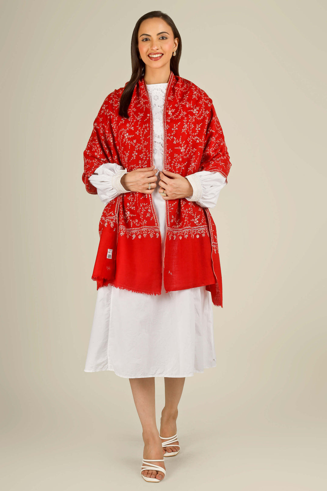 GI red Kashmiri pure pashmina embroidered stole by Kepra, worn over white dress, front product image