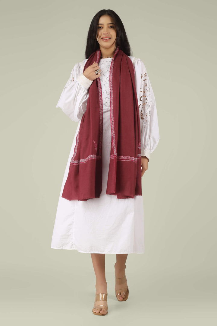 Hand-embroidered wine-red pure Pashmina stole with a delicate ivory Sozni Hashidaar border from Kepra
    
      | pashmina shawls online | authentic Kashmiri pashmina shawl online | pure pashmina shawl online | original GI certified pashmina shawl online | luxury men's pashmina shawl online from Kashmir | where to buy online pure pashmina in India
    
    | GI Tag Certified - Government-verified authentic Kashmiri Pashmina
    | G20 Official Partner - Selected by India for G20 Summit gifting
    | Handicraft Registered - Official recognition of traditional craftsmanship
    | Certificate of Authenticity - Every purchase includes GI certification