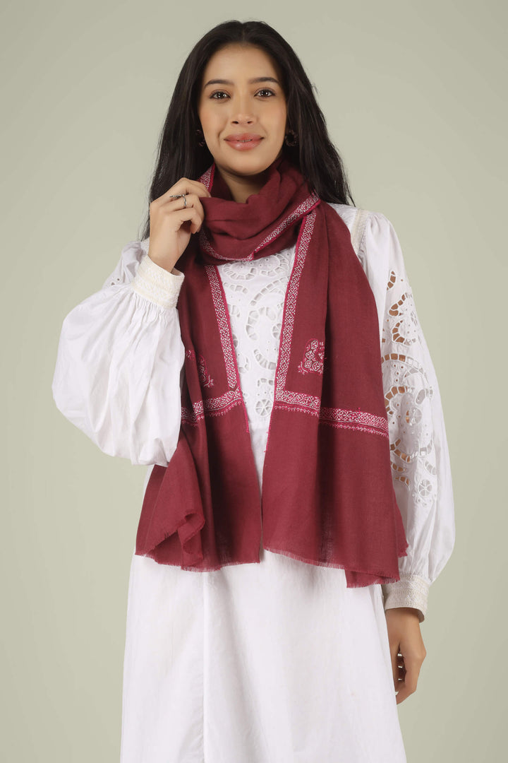Hand-embroidered wine-red pure Pashmina stole with a delicate ivory Sozni Hashidaar border from Kepra
    
      | pashmina shawls online | authentic Kashmiri pashmina shawl online | pure pashmina shawl online | original GI certified pashmina shawl online | luxury men's pashmina shawl online from Kashmir | where to buy online pure pashmina in India
    
    | GI Tag Certified - Government-verified authentic Kashmiri Pashmina
    | G20 Official Partner - Selected by India for G20 Summit gifting
    | Handicraft Registered - Official recognition of traditional craftsmanship
    | Certificate of Authenticity - Every purchase includes GI certification