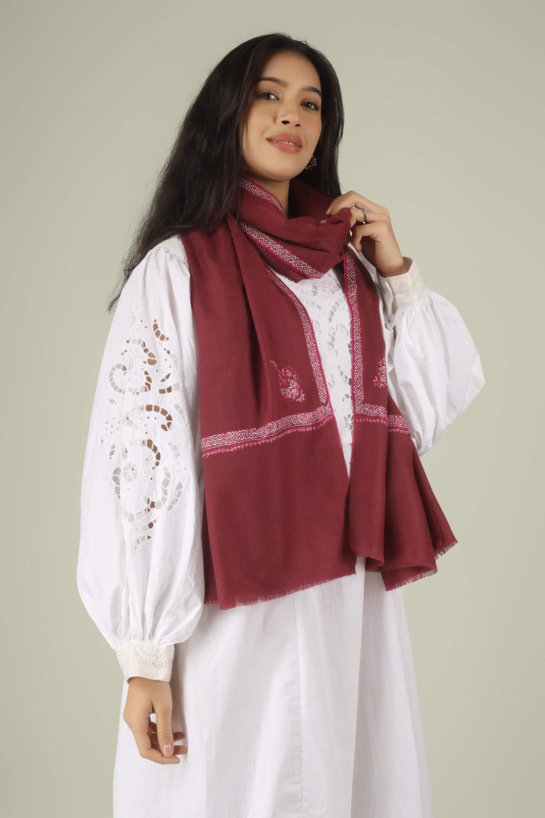 Hand-embroidered wine-red pure Pashmina stole with a delicate ivory Sozni Hashidaar border from Kepra