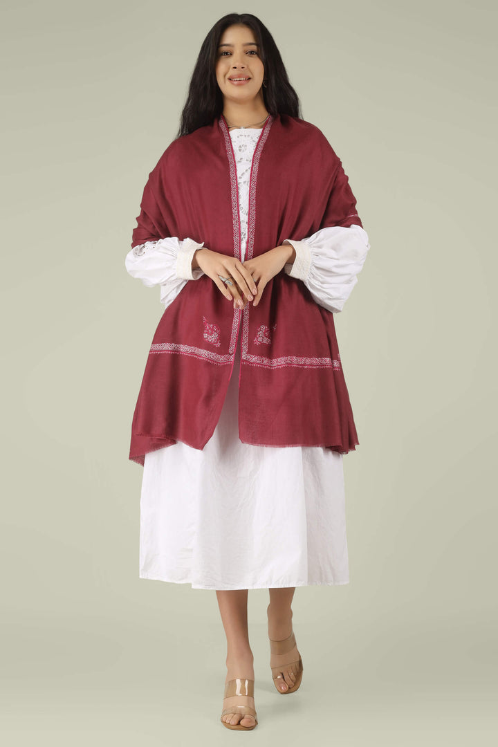 Hand-embroidered wine-red pure Pashmina stole with a delicate ivory Sozni Hashidaar border from Kepra
    
      | pashmina shawls online | authentic Kashmiri pashmina shawl online | pure pashmina shawl online | original GI certified pashmina shawl online | luxury men's pashmina shawl online from Kashmir | where to buy online pure pashmina in India
    
    | GI Tag Certified - Government-verified authentic Kashmiri Pashmina
    | G20 Official Partner - Selected by India for G20 Summit gifting
    | Handicraft Registered - Official recognition of traditional craftsmanship
    | Certificate of Authenticity - Every purchase includes GI certification