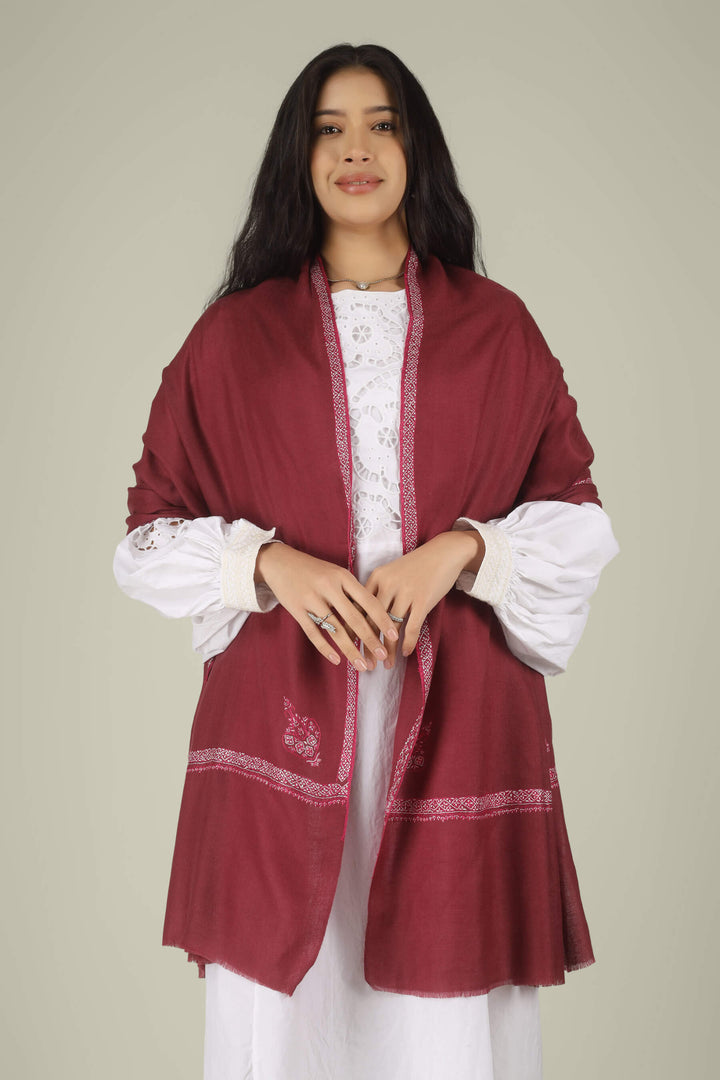 Hand-embroidered wine-red pure Pashmina stole with a delicate ivory Sozni Hashidaar border from Kepra
    
      | pashmina shawls online | authentic Kashmiri pashmina shawl online | pure pashmina shawl online | original GI certified pashmina shawl online | luxury men's pashmina shawl online from Kashmir | where to buy online pure pashmina in India
    
    | GI Tag Certified - Government-verified authentic Kashmiri Pashmina
    | G20 Official Partner - Selected by India for G20 Summit gifting
    | Handicraft Registered - Official recognition of traditional craftsmanship
    | Certificate of Authenticity - Every purchase includes GI certification