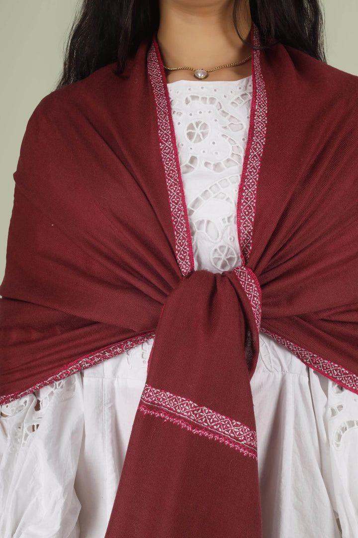 Hand-embroidered wine-red pure Pashmina stole with a delicate ivory Sozni Hashidaar border from Kepra
    
      | pashmina shawls online | authentic Kashmiri pashmina shawl online | pure pashmina shawl online | original GI certified pashmina shawl online | luxury men's pashmina shawl online from Kashmir | where to buy online pure pashmina in India
    
    | GI Tag Certified - Government-verified authentic Kashmiri Pashmina
    | G20 Official Partner - Selected by India for G20 Summit gifting
    | Handicraft Registered - Official recognition of traditional craftsmanship
    | Certificate of Authenticity - Every purchase includes GI certification