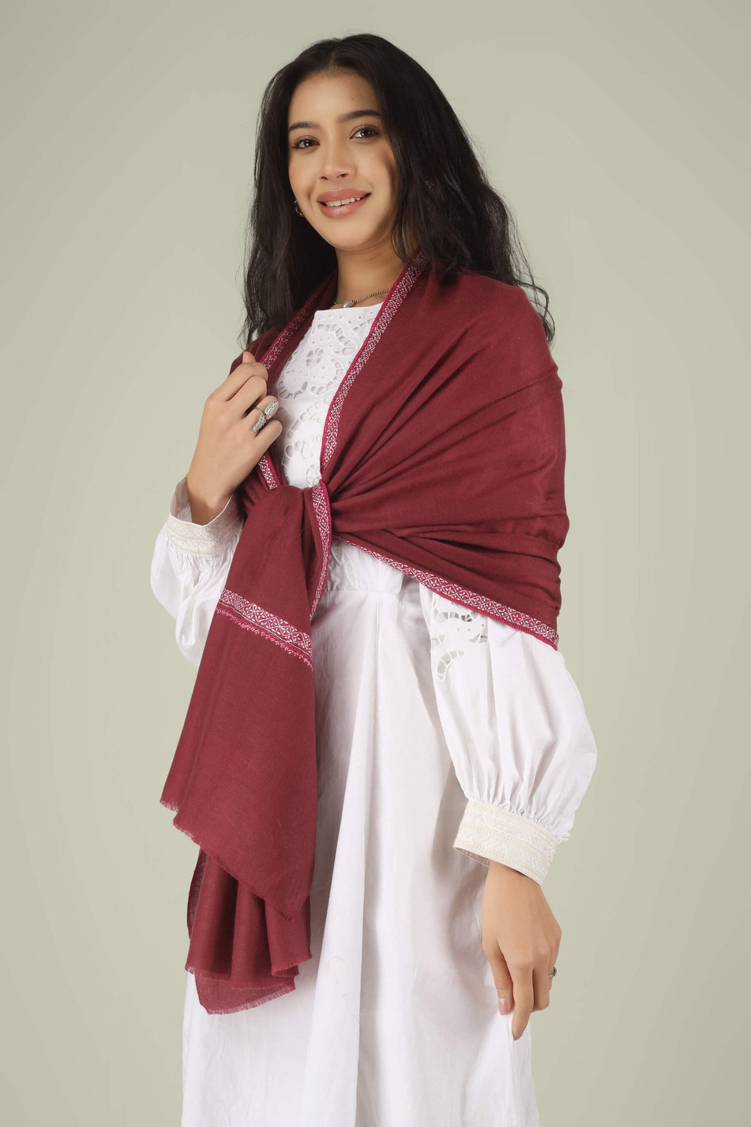 Hand-embroidered wine-red pure Pashmina stole with a delicate ivory Sozni Hashidaar border from Kepra