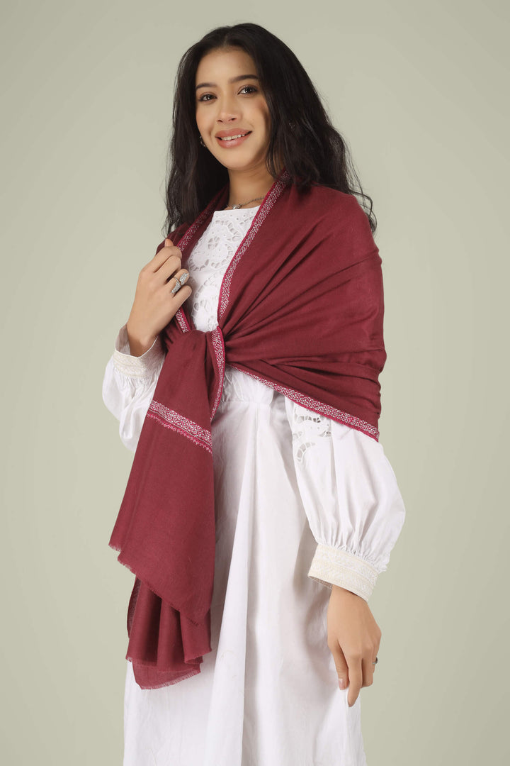 Hand-embroidered wine-red pure Pashmina stole with a delicate ivory Sozni Hashidaar border from Kepra
    
      | pashmina shawls online | authentic Kashmiri pashmina shawl online | pure pashmina shawl online | original GI certified pashmina shawl online | luxury men's pashmina shawl online from Kashmir | where to buy online pure pashmina in India
    
    | GI Tag Certified - Government-verified authentic Kashmiri Pashmina
    | G20 Official Partner - Selected by India for G20 Summit gifting
    | Handicraft Registered - Official recognition of traditional craftsmanship
    | Certificate of Authenticity - Every purchase includes GI certification