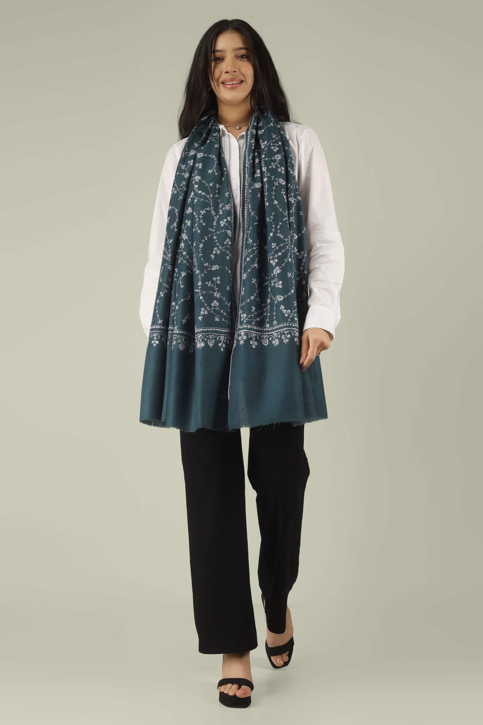Hand-embroidered teal grey pure Pashmina stole with silver-tone all-over Jaldaar Sozni floral vine embroidery from Kepra