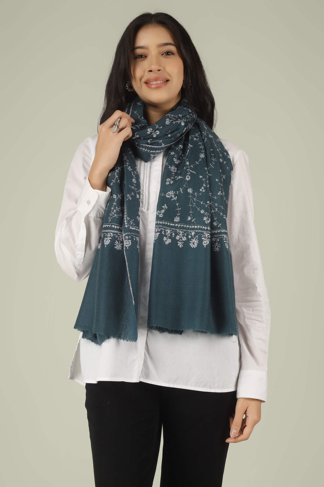 Hand-embroidered teal grey pure Pashmina stole with silver-tone all-over Jaldaar Sozni floral vine embroidery from Kepra