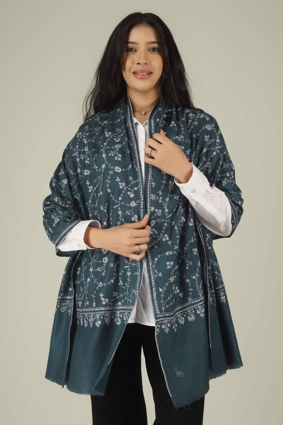 Hand-embroidered teal grey pure Pashmina stole with silver-tone all-over Jaldaar Sozni floral vine embroidery from Kepra