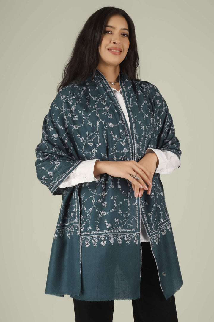 Hand-embroidered teal grey pure Pashmina stole with silver-tone all-over Jaldaar Sozni floral vine embroidery from Kepra
    
      | pashmina shawls online | authentic Kashmiri pashmina shawl online | pure pashmina shawl online | original GI certified pashmina shawl online | luxury men's pashmina shawl online from Kashmir | where to buy online pure pashmina in India
    
    | GI Tag Certified - Government-verified authentic Kashmiri Pashmina
    | G20 Official Partner - Selected by India for G20 Summit gifting
    | Handicraft Registered - Official recognition of traditional craftsmanship
    | Certificate of Authenticity - Every purchase includes GI certification