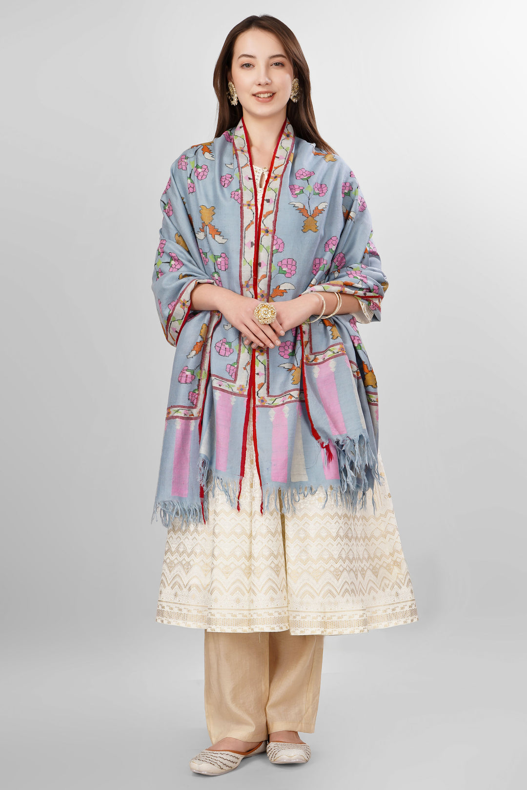 Pastel Blue GI-Tagged Pashmina Kani Shawl Online , The GI tag is your guarantee that this shawl is made by Kashmiri artisans using genuine pashmina wool spun and woven by hand, and not a machine-made imitation. It protects the traditional craft