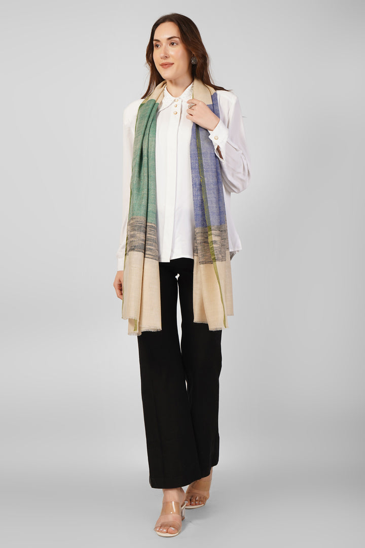 Vibrant Modern Pashmina Stoles Online – Green, Blue & Beige Colorblock Artistry
  Experience effortless chic with this Green and Blue Designer Pashmina Stole, handwoven in Kashmir from pure, ultra-soft pashmina wool.
    
      | pashmina shawls online | authentic Kashmiri pashmina shawl online | pure pashmina shawl online | original GI certified pashmina shawl online | luxury men's pashmina shawl online from Kashmir | where to buy online pure pashmina in India
    
    | GI Tag Certified - Government-verified authentic Kashmiri Pashmina
    | G20 Official Partner - Selected by India for G20 Summit gifting
    | Handicraft Registered - Official recognition of traditional craftsmanship
    | Certificate of Authenticity - Every purchase includes GI certification