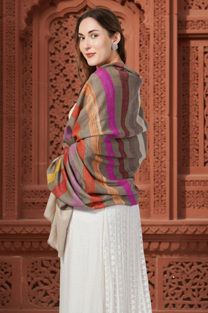 Natural handwoven cashmere Pashmina shawl with multi-color stripes and floral embroidery, made in Kashmir