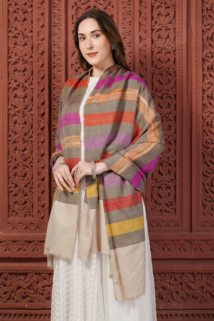 Natural handwoven cashmere Pashmina shawl with multi-color stripes and floral embroidery, made in Kashmir
    
      | pashmina shawls online | authentic Kashmiri pashmina shawl online | pure pashmina shawl online | original GI certified pashmina shawl online | luxury men's pashmina shawl online from Kashmir | where to buy online pure pashmina in India
    
    | GI Tag Certified - Government-verified authentic Kashmiri Pashmina
    | G20 Official Partner - Selected by India for G20 Summit gifting
    | Handicraft Registered - Official recognition of traditional craftsmanship
    | Certificate of Authenticity - Every purchase includes GI certification