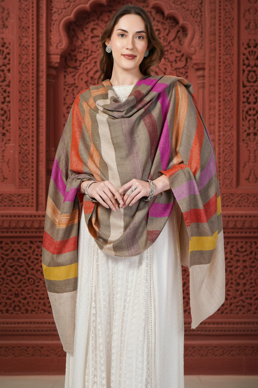 Natural handwoven cashmere Pashmina shawl with multi-color stripes and floral embroidery, made in Kashmir
