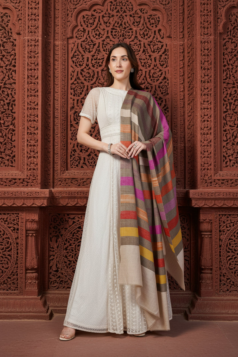 Natural handwoven cashmere Pashmina shawl with multi-color stripes and floral embroidery, made in Kashmir