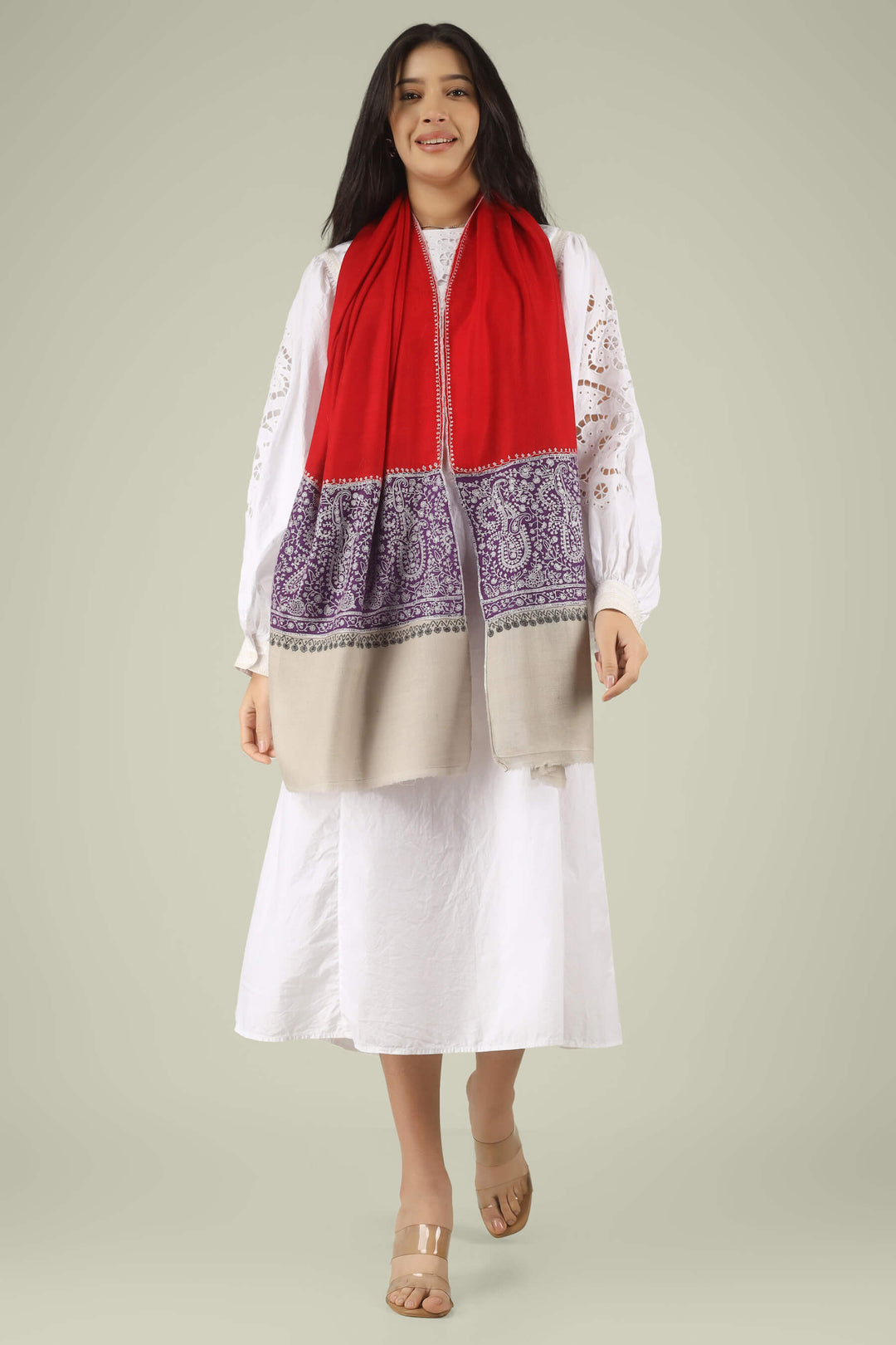 Hand-embroidered ruby red and natural beige dual-tone pure Pashmina stole featuring a broad purple Sozni embroidery band with ivory paisley motifs from Kepra.