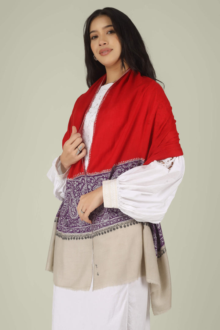Hand-embroidered ruby red and natural beige dual-tone pure Pashmina stole featuring a broad purple Sozni embroidery band with ivory paisley motifs from Kepra.
    
      | pashmina shawls online | authentic Kashmiri pashmina shawl online | pure pashmina shawl online | original GI certified pashmina shawl online | luxury men's pashmina shawl online from Kashmir | where to buy online pure pashmina in India
    
    | GI Tag Certified - Government-verified authentic Kashmiri Pashmina
    | G20 Official Partner - Selected by India for G20 Summit gifting
    | Handicraft Registered - Official recognition of traditional craftsmanship
    | Certificate of Authenticity - Every purchase includes GI certification