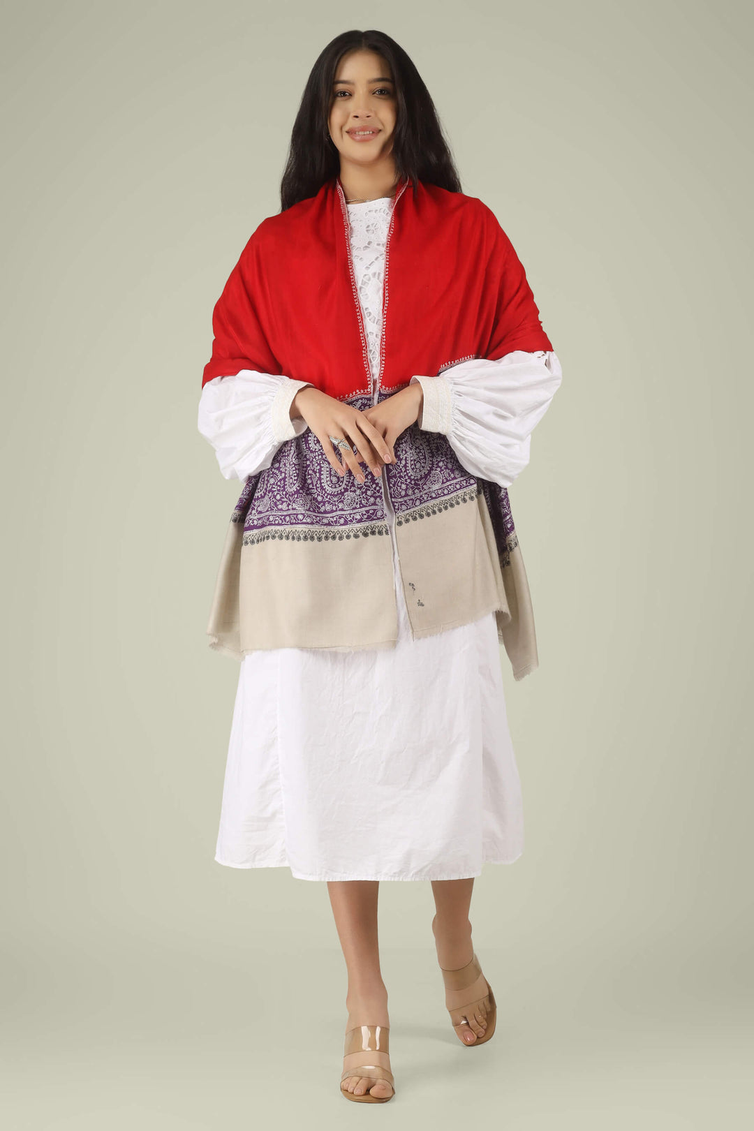 Hand-embroidered ruby red and natural beige dual-tone pure Pashmina stole featuring a broad purple Sozni embroidery band with ivory paisley motifs from Kepra.