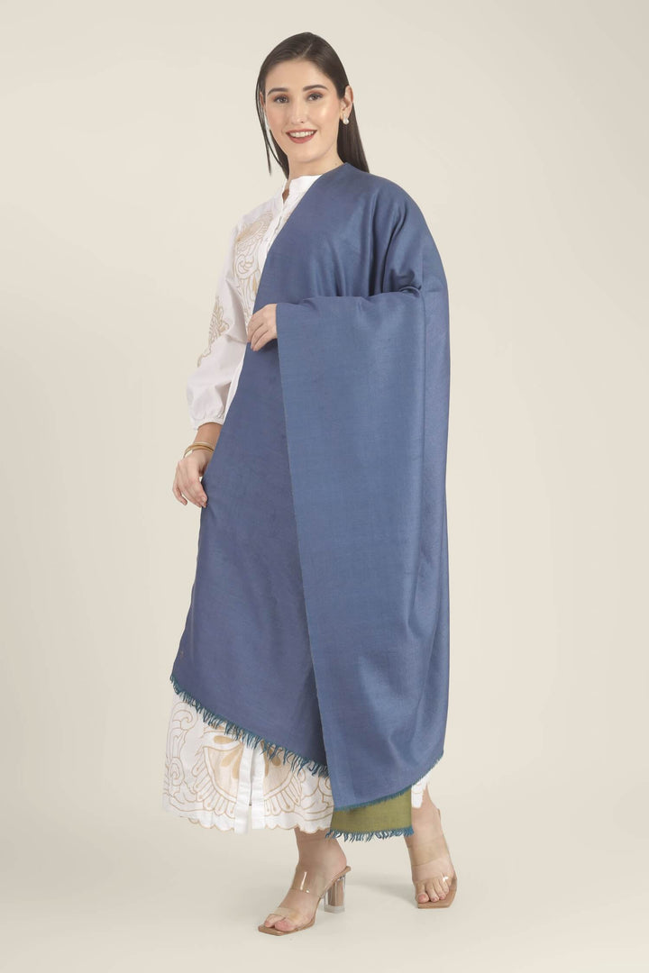Model wearing a blue and olive-green reversible Pure Kashmiri Pashmina shawl with teal fringe over a white embroidered dress.
    
      | pashmina shawls online | authentic Kashmiri pashmina shawl online | pure pashmina shawl online | original GI certified pashmina shawl online | luxury men's pashmina shawl online from Kashmir | where to buy online pure pashmina in India
    
    | GI Tag Certified - Government-verified authentic Kashmiri Pashmina
    | G20 Official Partner - Selected by India for G20 Summit gifting
    | Handicraft Registered - Official recognition of traditional craftsmanship
    | Certificate of Authenticity - Every purchase includes GI certification