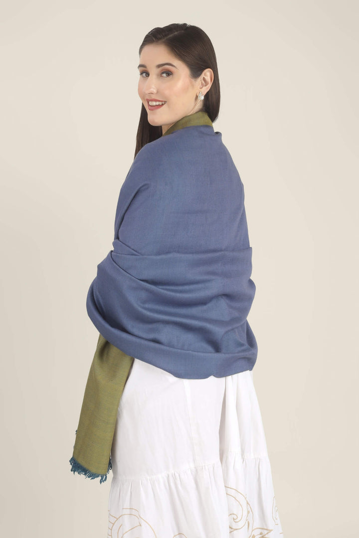 Model wearing a blue and olive-green reversible Pure Kashmiri Pashmina shawl with teal fringe over a white embroidered dress.
    
      | pashmina shawls online | authentic Kashmiri pashmina shawl online | pure pashmina shawl online | original GI certified pashmina shawl online | luxury men's pashmina shawl online from Kashmir | where to buy online pure pashmina in India
    
    | GI Tag Certified - Government-verified authentic Kashmiri Pashmina
    | G20 Official Partner - Selected by India for G20 Summit gifting
    | Handicraft Registered - Official recognition of traditional craftsmanship
    | Certificate of Authenticity - Every purchase includes GI certification