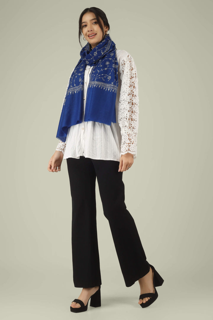 Hand-embroidered royal blue pure Pashmina stole featuring an all-over silver-tone Jaldaar Sozni floral vine pattern from Kepra.
    
      | pashmina shawls online | authentic Kashmiri pashmina shawl online | pure pashmina shawl online | original GI certified pashmina shawl online | luxury men's pashmina shawl online from Kashmir | where to buy online pure pashmina in India
    
    | GI Tag Certified - Government-verified authentic Kashmiri Pashmina
    | G20 Official Partner - Selected by India for G20 Summit gifting
    | Handicraft Registered - Official recognition of traditional craftsmanship
    | Certificate of Authenticity - Every purchase includes GI certification
