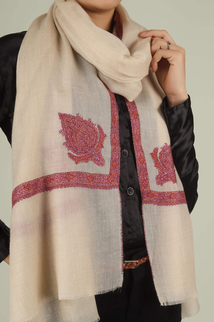 Hand-embroidered off-white pure Pashmina stole featuring pink and rust Sozni paisley (Buta) motifs and a delicate Hashidaar border from Kepra.
    
      | pashmina shawls online | authentic Kashmiri pashmina shawl online | pure pashmina shawl online | original GI certified pashmina shawl online | luxury men's pashmina shawl online from Kashmir | where to buy online pure pashmina in India
    
    | GI Tag Certified - Government-verified authentic Kashmiri Pashmina
    | G20 Official Partner - Selected by India for G20 Summit gifting
    | Handicraft Registered - Official recognition of traditional craftsmanship
    | Certificate of Authenticity - Every purchase includes GI certification