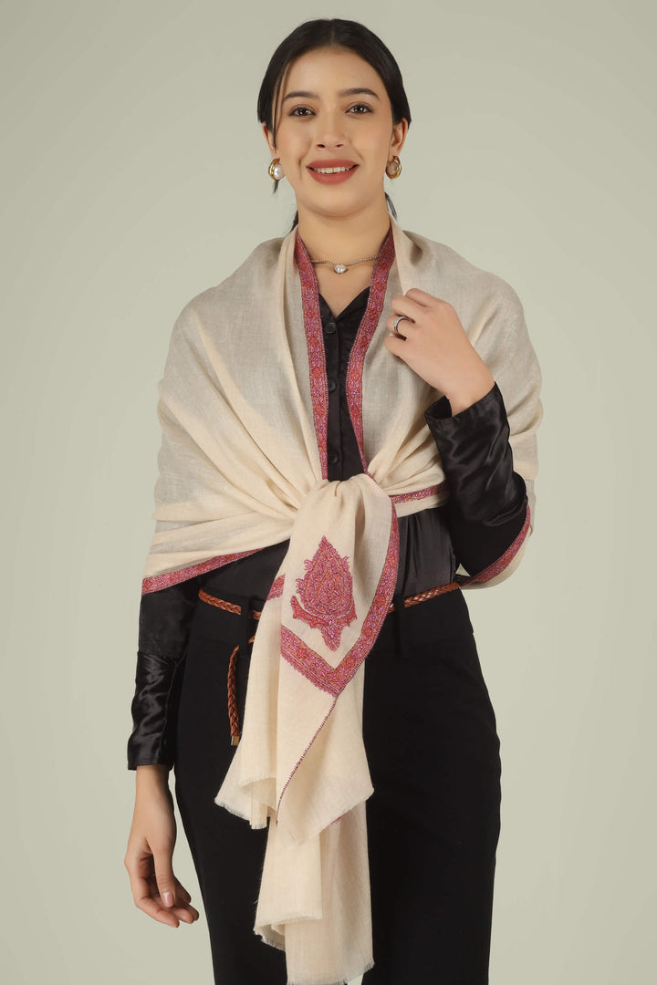Hand-embroidered off-white pure Pashmina stole featuring pink and rust Sozni paisley (Buta) motifs and a delicate Hashidaar border from Kepra.
    
      | pashmina shawls online | authentic Kashmiri pashmina shawl online | pure pashmina shawl online | original GI certified pashmina shawl online | luxury men's pashmina shawl online from Kashmir | where to buy online pure pashmina in India
    
    | GI Tag Certified - Government-verified authentic Kashmiri Pashmina
    | G20 Official Partner - Selected by India for G20 Summit gifting
    | Handicraft Registered - Official recognition of traditional craftsmanship
    | Certificate of Authenticity - Every purchase includes GI certification