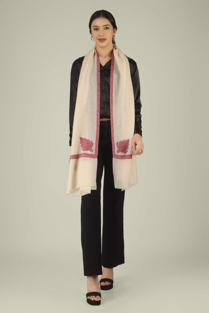 Hand-embroidered off-white pure Pashmina stole featuring pink and rust Sozni paisley (Buta) motifs and a delicate Hashidaar border from Kepra.
    
      | pashmina shawls online | authentic Kashmiri pashmina shawl online | pure pashmina shawl online | original GI certified pashmina shawl online | luxury men's pashmina shawl online from Kashmir | where to buy online pure pashmina in India
    
    | GI Tag Certified - Government-verified authentic Kashmiri Pashmina
    | G20 Official Partner - Selected by India for G20 Summit gifting
    | Handicraft Registered - Official recognition of traditional craftsmanship
    | Certificate of Authenticity - Every purchase includes GI certification