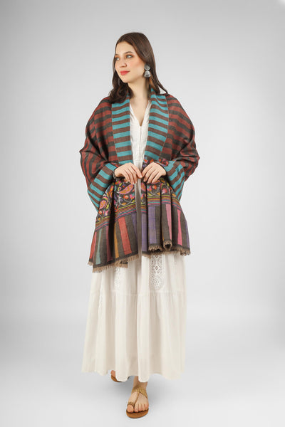 Indulge in the luxury of this handmade in Kashmir, stripe reversible paladaar Kani Pashmina Shawl, featuring beautiful designs in floral and paisley patterns crafted by expert and skillful artisans. Stay warm and cozy while looking stylish in this luxurious and warm shawl.