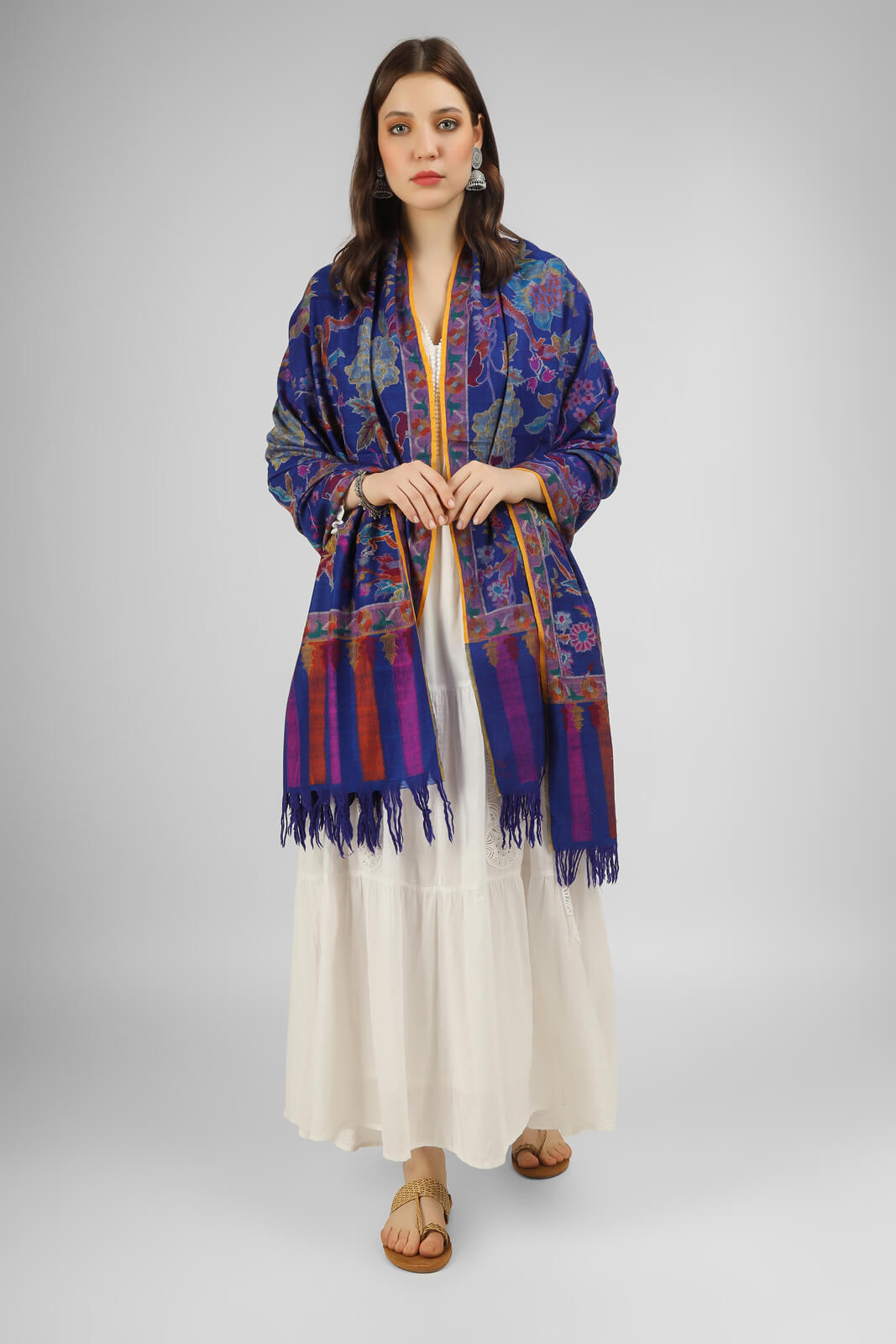 KANI SHAWLS - "This stunning royal blue Kani shawl features a big floral design that is both intricate and eye-catching. Expertly crafted by skilled artisans".you can order from DELHI, DUBAI, LONDON .