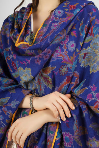 KANI SHAWLS - "This stunning royal blue Kani shawl features a big floral design that is both intricate and eye-catching. Expertly crafted by skilled artisans".you can order from DELHI, DUBAI, LONDON .