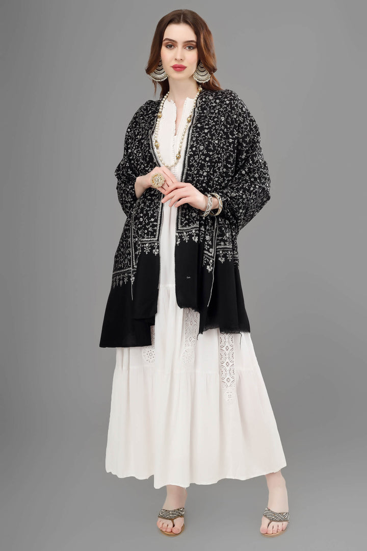 "PASHMINA INDIA  - 'Black Pashmina Shawl with Intricate Jaldaar Pattern and Sozni Embroidery,"