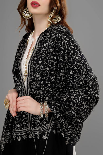 "PASHMINA EUROPE - 'Black Pashmina Shawl with Intricate Jaldaar Pattern and Sozni Embroidery,"