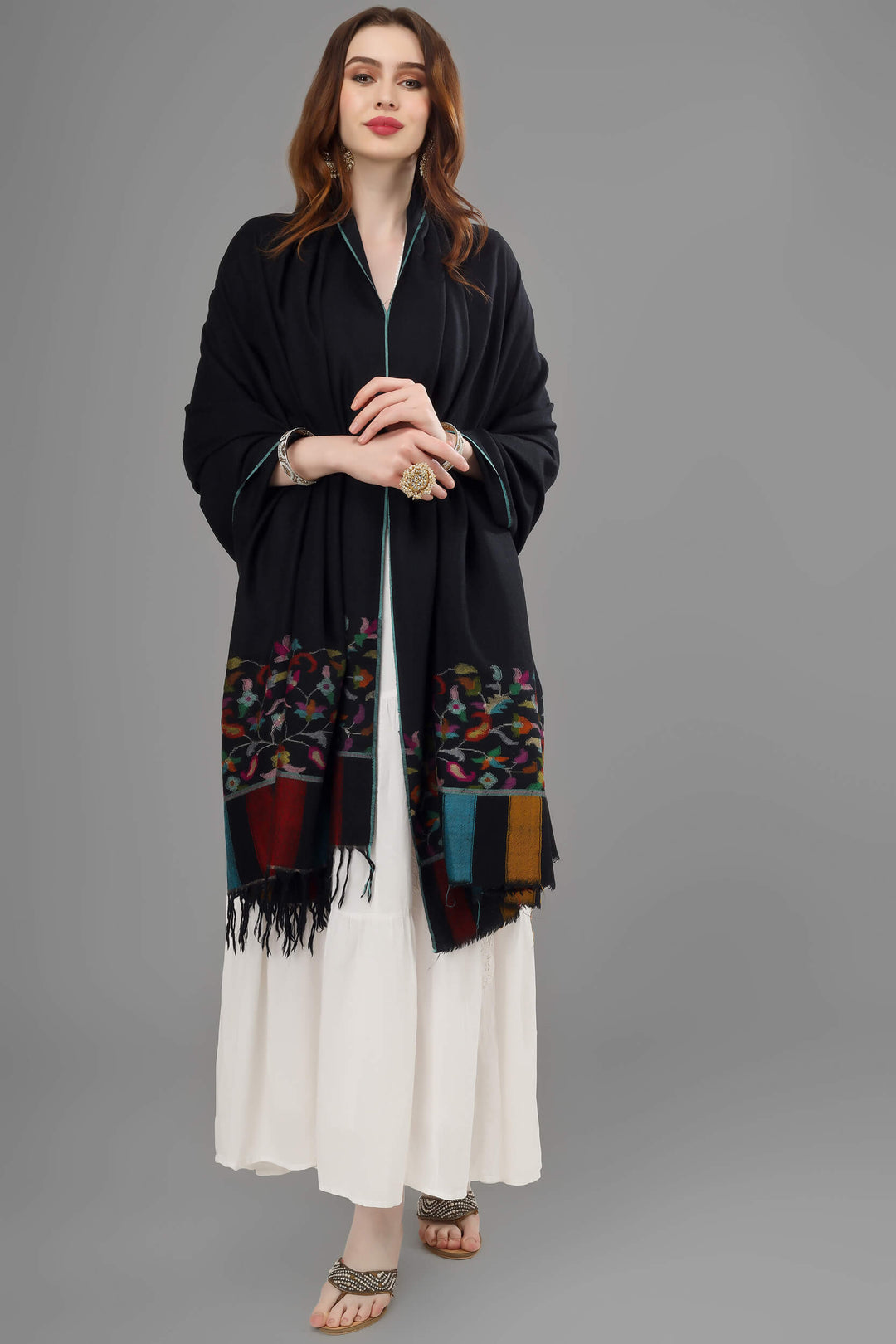 "KANI SHAWL - The Stylish and Luxurious Black Kani Pashmina Shawl, Crafted in Flower Designs on the Pallas in All the Ravishing Colors, Available online at - SWEDEN - HONGKONG - SPAIN - USA - CANADA - JAPAN - SOUTH AFRICA - GREECE - KUWAIT - NORWAY."