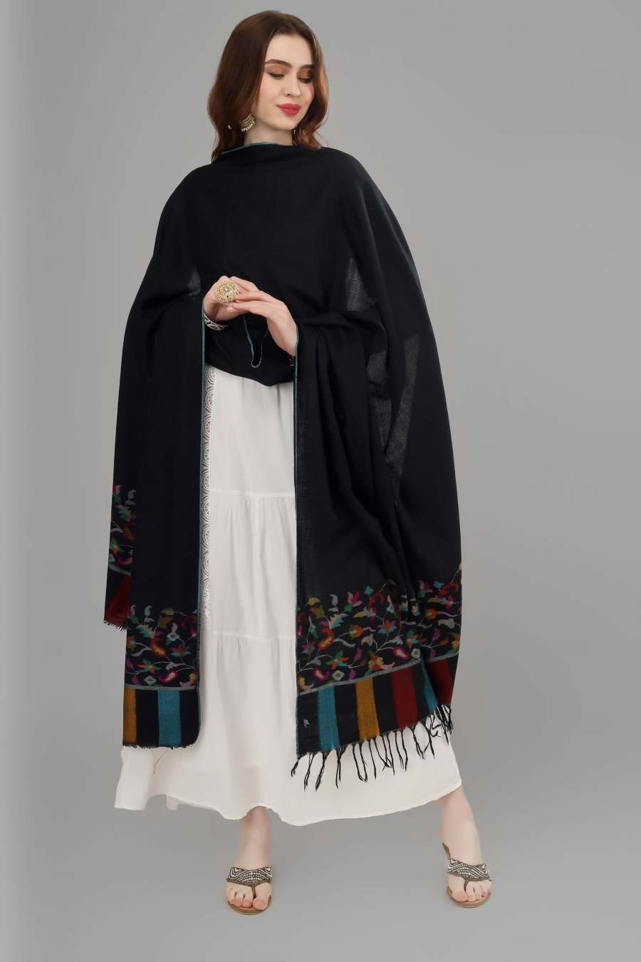 "KANI SHAWL - The Stylish and Luxurious Black Kani Pashmina Shawl, Crafted in Flower Designs on the Pallas in All the Ravishing Colors, Available online at - SWEDEN - HONGKONG - SPAIN - USA - CANADA - JAPAN - SOUTH AFRICA - GREECE - KUWAIT - NORWAY."
