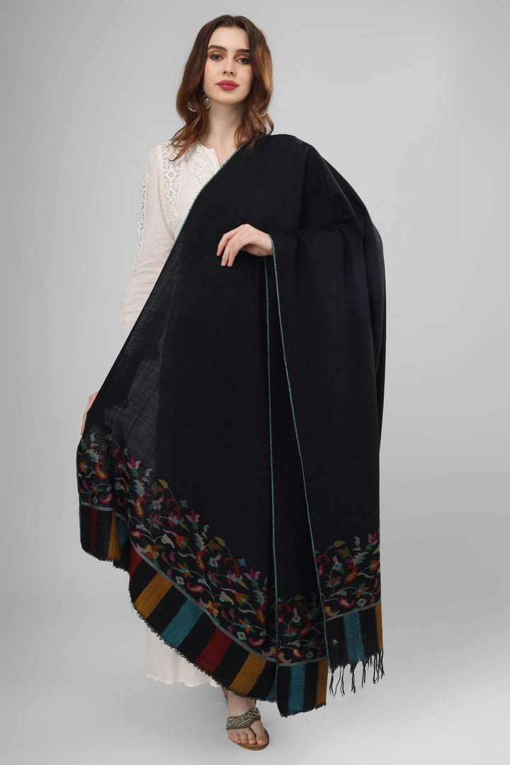 "KANI SHAWL - The Stylish and Luxurious Black Kani Pashmina Shawl, Crafted in Flower Designs on the Pallas in All the Ravishing Colors, Available online at - SWEDEN - HONGKONG - SPAIN - USA - CANADA - JAPAN - SOUTH AFRICA - GREECE - KUWAIT - NORWAY."