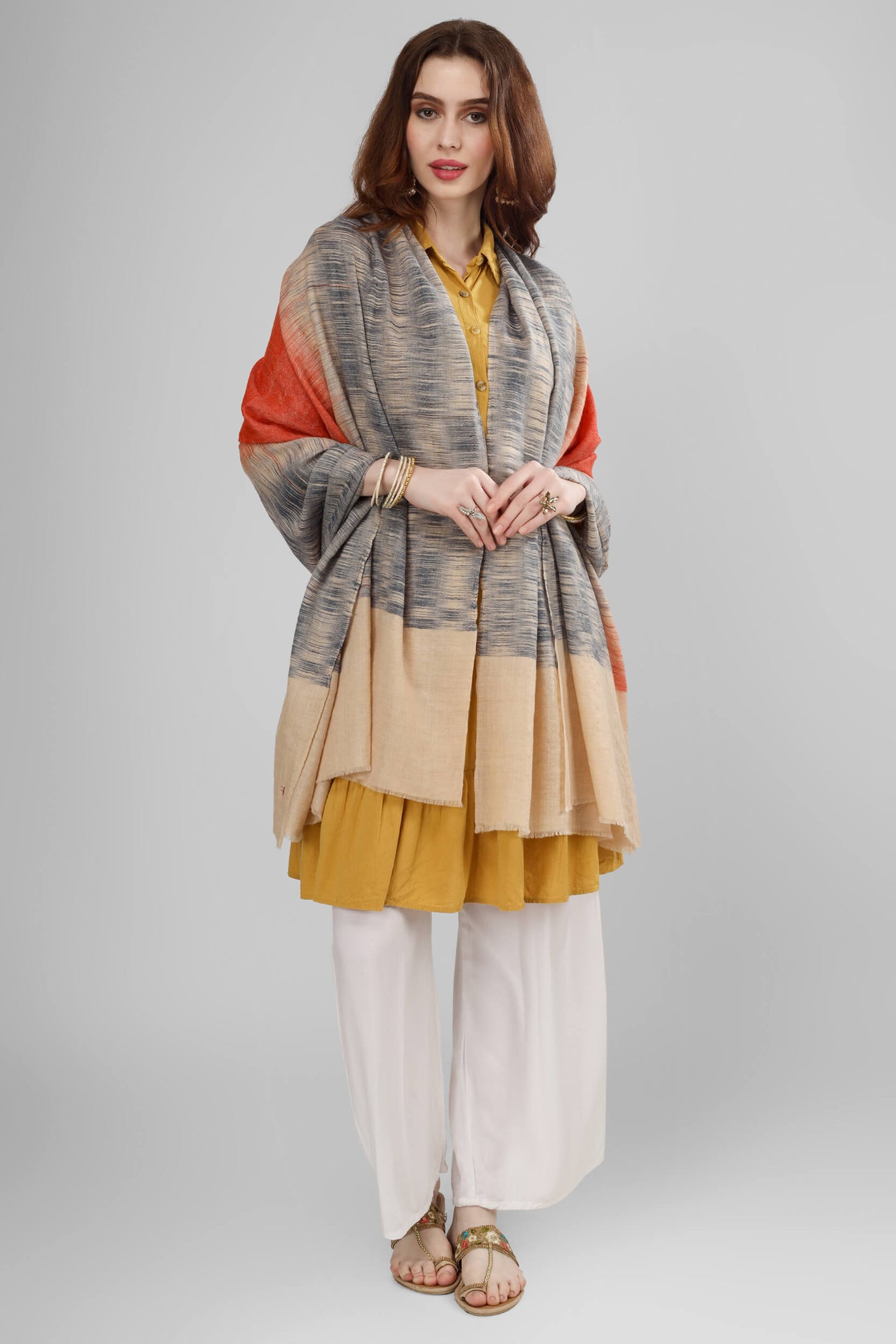 Carbon black and orange Ikkat pashmina shawl